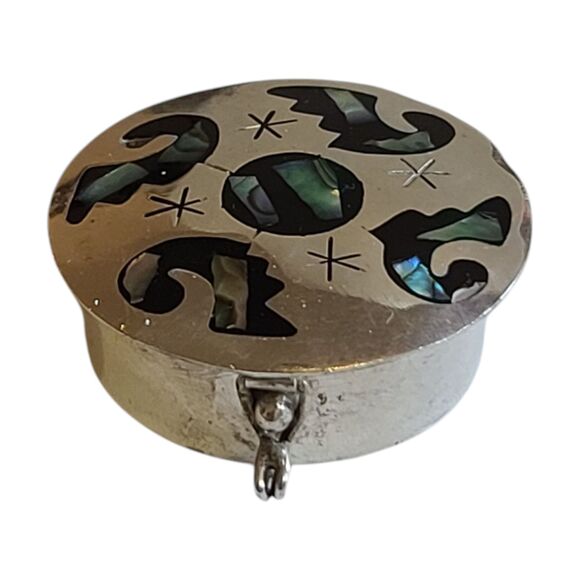 Vintage Alpaca Mexico Mother of Pearl Abalone Shell Stars Pill Container - Picture 8 of 10